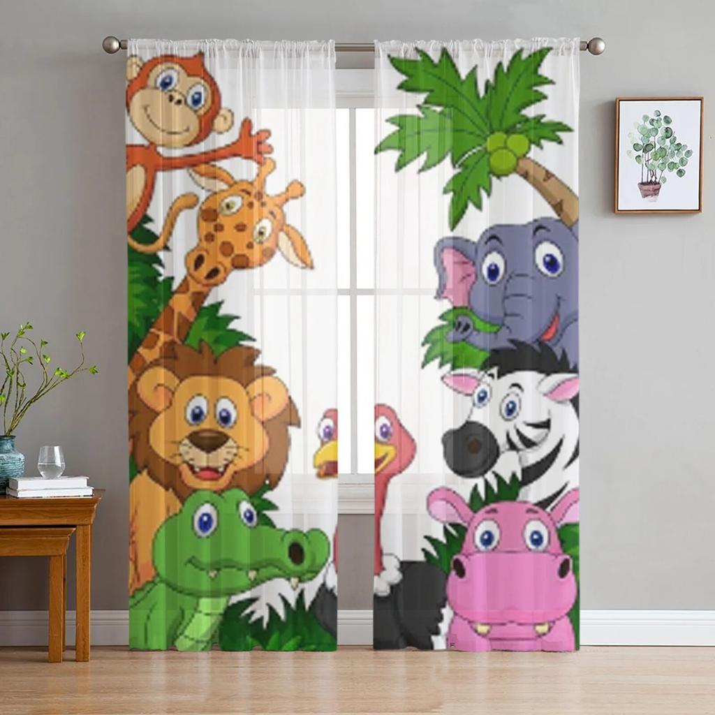 Transparente Vorhänge mit Aquarell-Wildtieren für Wohnzimmer, moderne modische Volantvorhänge für die Küche, Tüllvorhänge