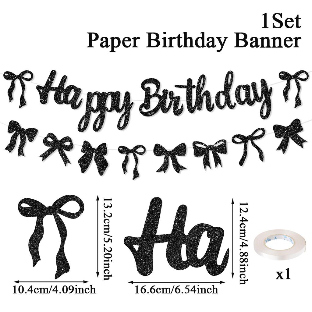 Black Bow Birthday Flag Banner Happy Birthday Party Decor Kids Adults Hanging Banner Photo Backdrop Wedding Baby Shower Supplies
