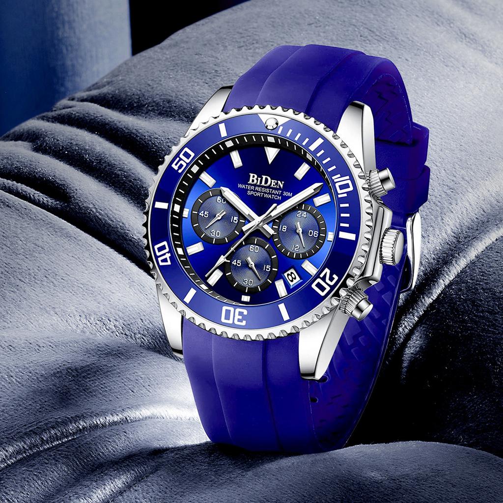 Sport Style Watch for Men Waterproof Chronograph Watch with Mineral Glass, Silicone Band Wristwatch