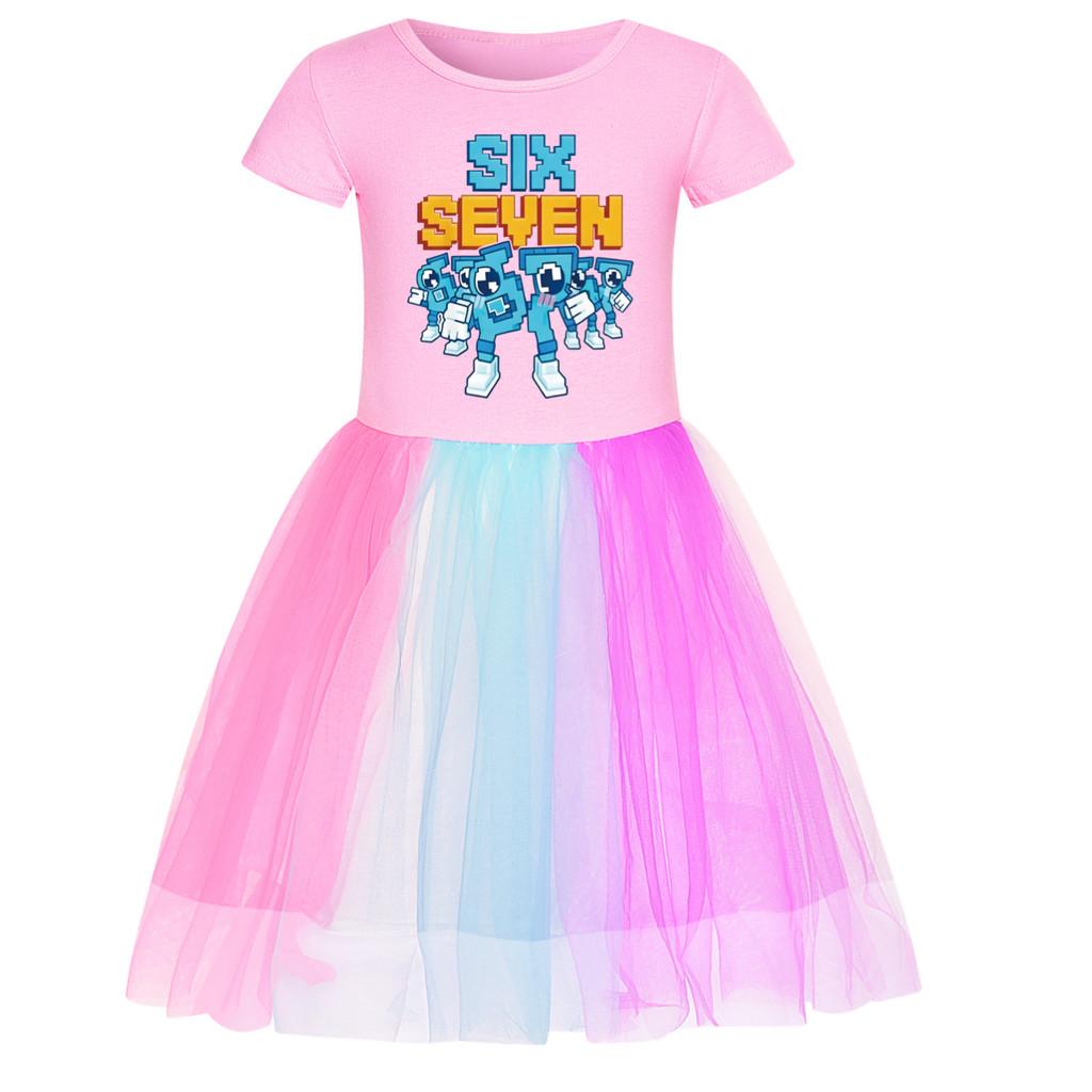 5195 Kids Girls Steal a Brainrot 67 Six Seven Print Mesh Rainbow Round Neck Casual Casual Cotton Dress