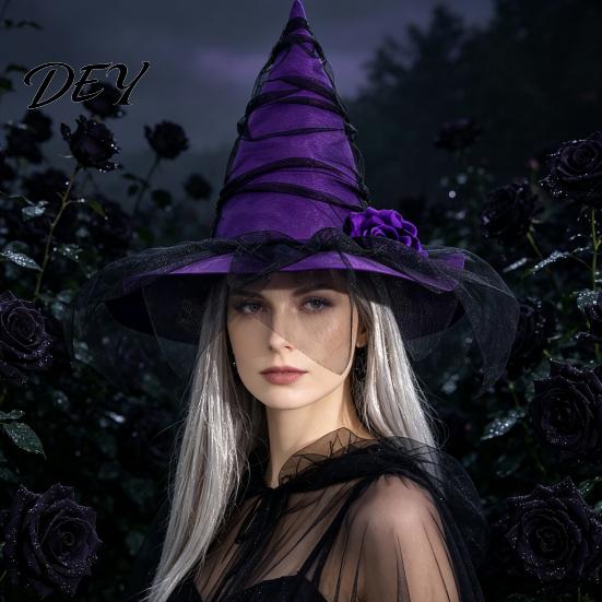 Fashionable Gothic Theme Party Props Halloween Witch Hat for Women, Mesh Rose Flower Soft Skin Friendly Headgear Wizard Costume, Cosplay Breathable