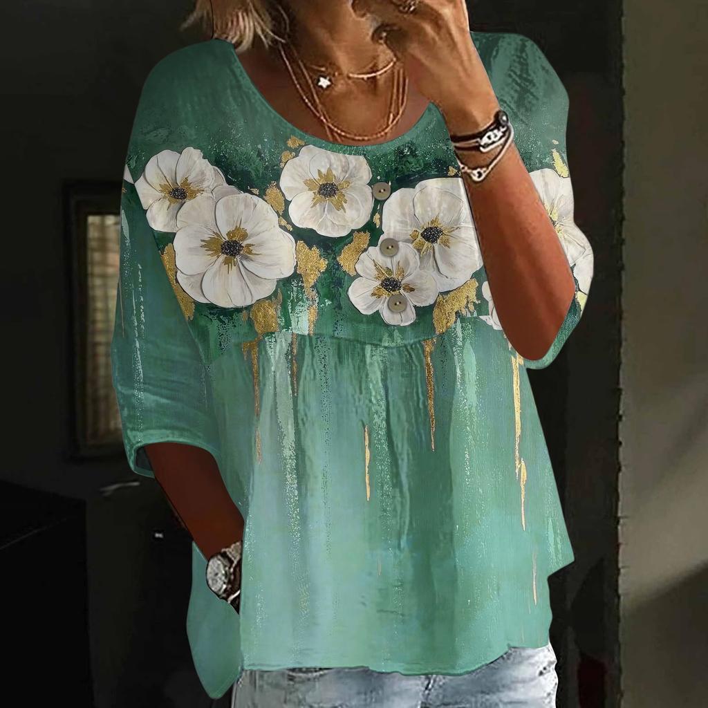 Women's Fashion Casual Three-quarter Sleeve Loose Round Neck Button Floral Print Top
