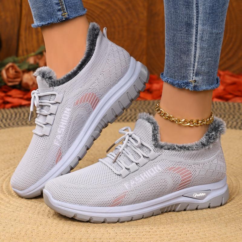 Women Winter Fleece Lined Knit Mesh Walking Shoes, Soft Sole Casual Sports Sneakers for Elderly Mom