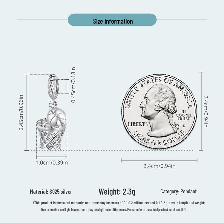 Yinziyun S925 Silber Platin-plattiert 3D Basketball Anhänger für DIY Armbänder