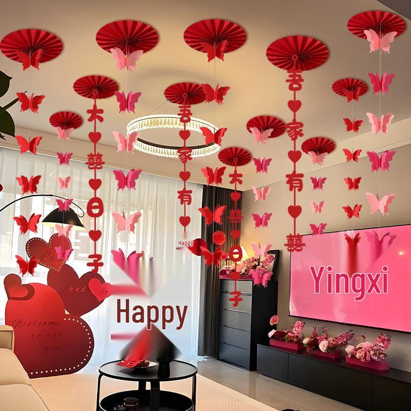 Wedding Décor: Double Happiness Paper Cut Ornaments for Ceiling and Walls, Festive Butterfly Pull Flowers for Bedrooms and Living Rooms