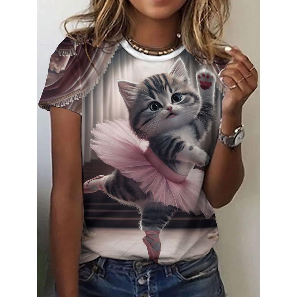 New Cute Cat Dances Ballet T-Shirts 3D Print Women Short Sleeve Round Neck T Shirt Summer Tees Harajuku Y2K Tops Female Clothing