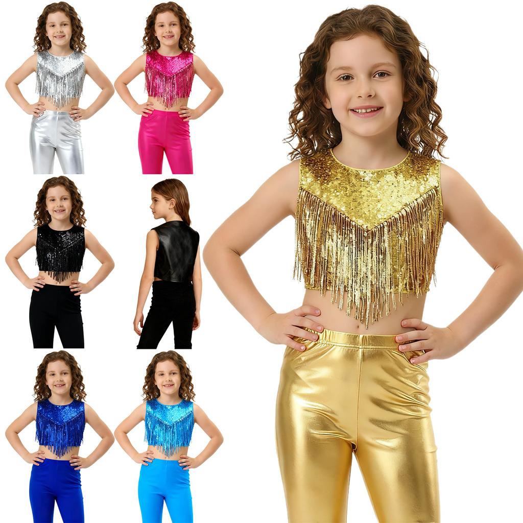 Dětský disco taneční kostým 70. let Top Lesklé kovové flitry Kulatý výstřih Bez rukávů Ozdoba s třásněmi na hrudi pro pódiovou tematickou párty Cosplay