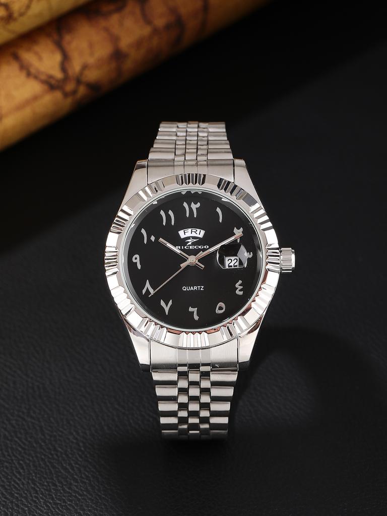 RICECGO White Dial Arabic Watch for Men Dual Calendar DayFunction Silver Steel Band Luxury Minimalist Quartz Wristwatch