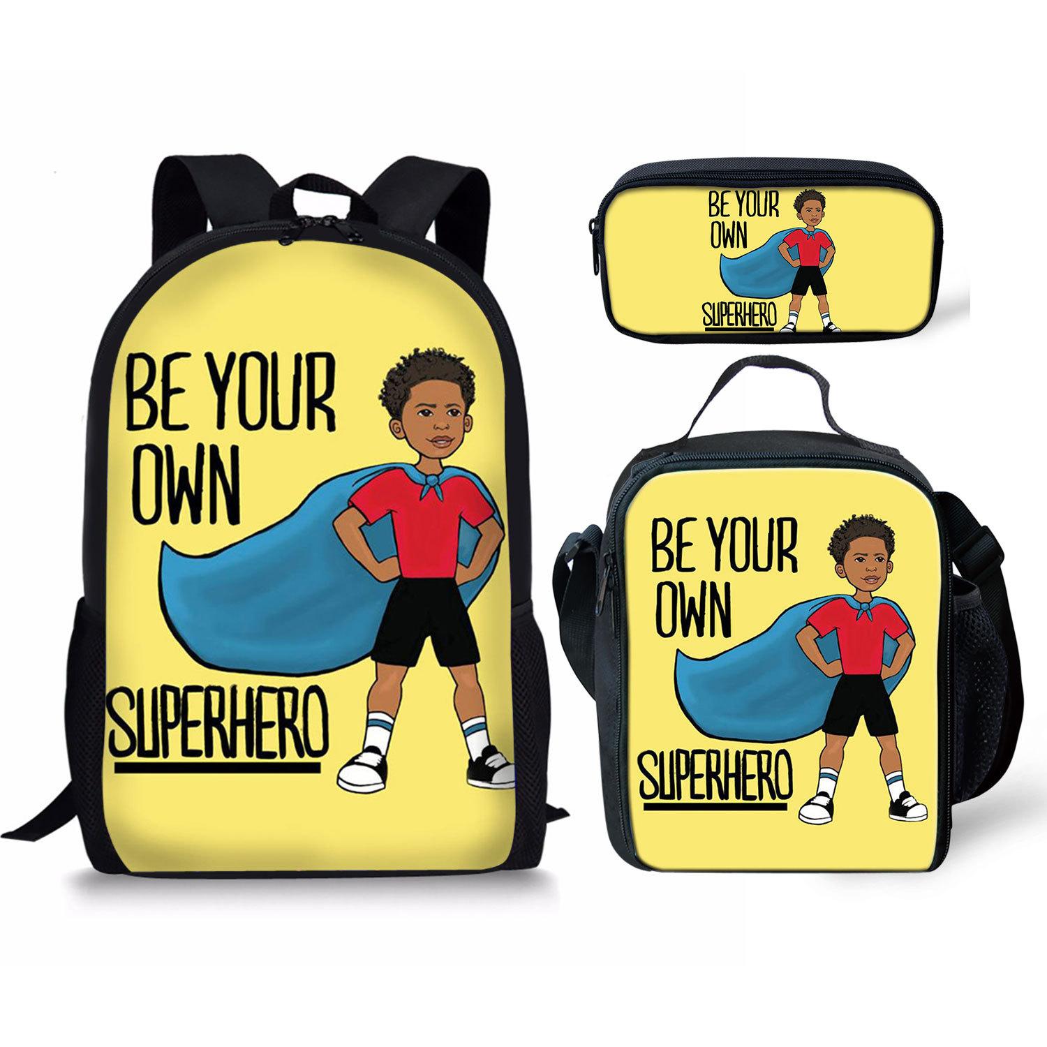 Classique Populaire Drôle garçon africain noir Impression 3D 3 pièces/Ensemble élève Sacs d'école Sac à dos pour ordinateur portable Sac à dos Sac à lunch Trousse