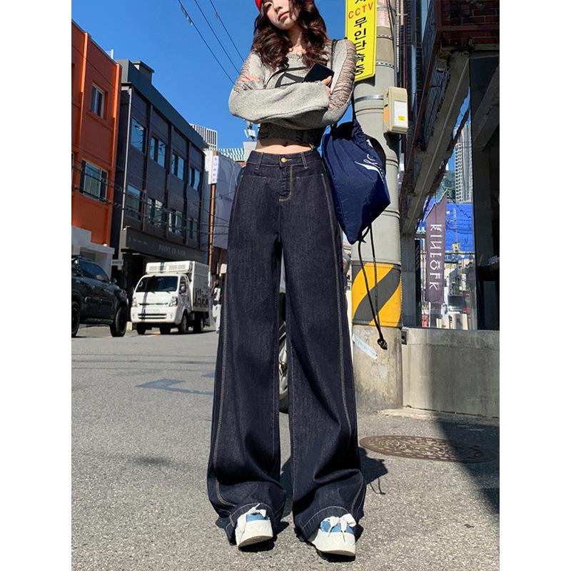 

Женские ретро джинсы широкого кроя темно-синего цвета: 2024 Осень/Зима Свободные Стройнящие Комбинированные Драпирующиеся Брюки в Пол Extra Extra Extra Extra Large джинсовый синий