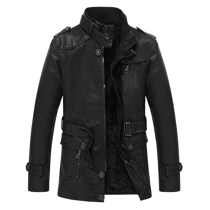Men's Winter Fleece-Lined Leather Jacket, Mid-Length, Thickened, Casual, Middle-Aged, Warm Cotton Coat