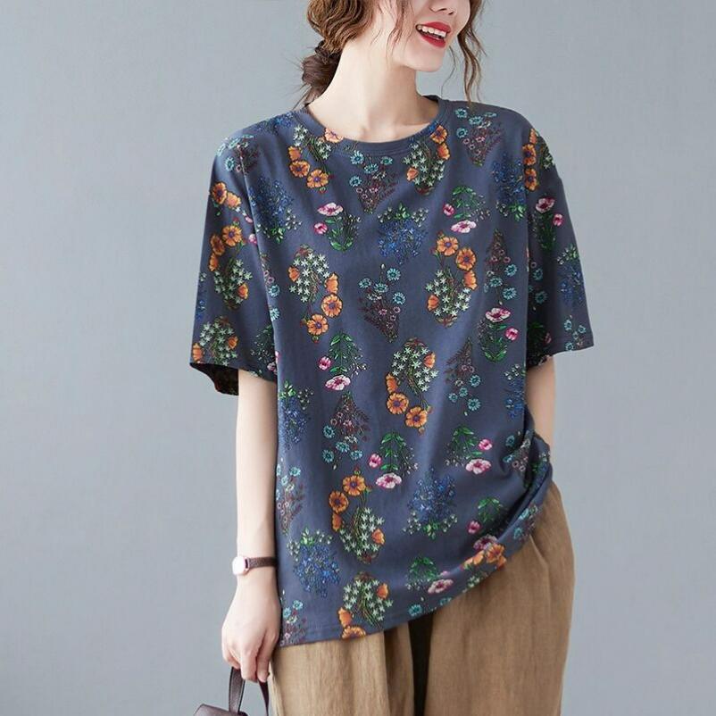 Floral Short-sleeved T-shirt Women's Plus Size Women's Spring and Summer Bottoming Shirt Casual Literary Blouse Loose and Thin