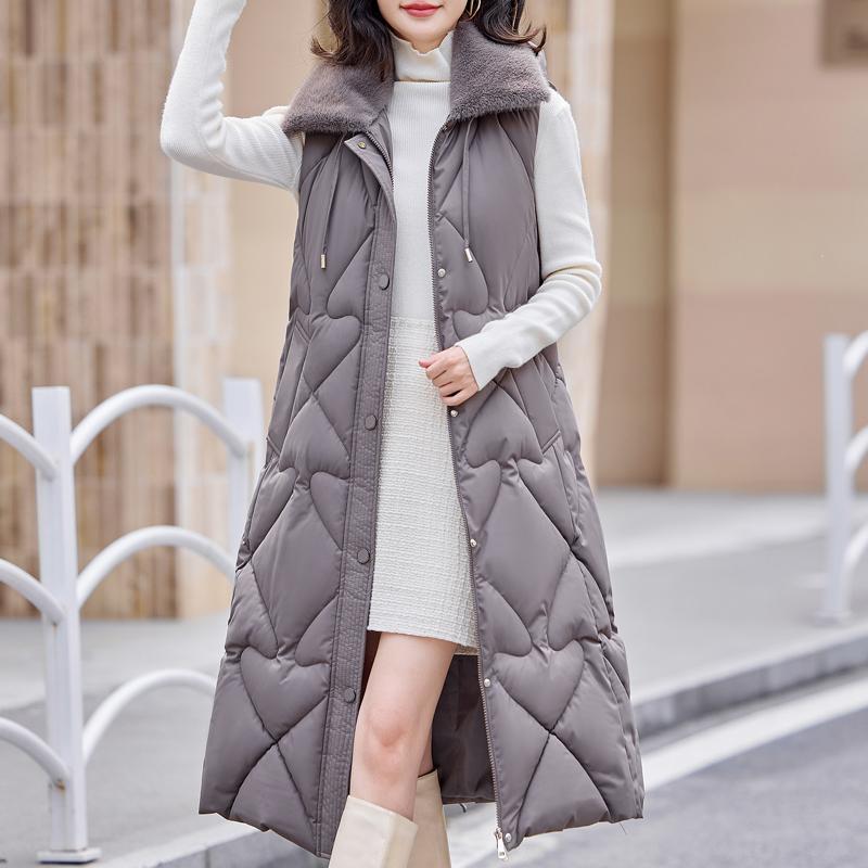 Fashion Winter Coat Female Warm Long Vest Hooded Elegant Fur Collar Thick Sleeveless Parka