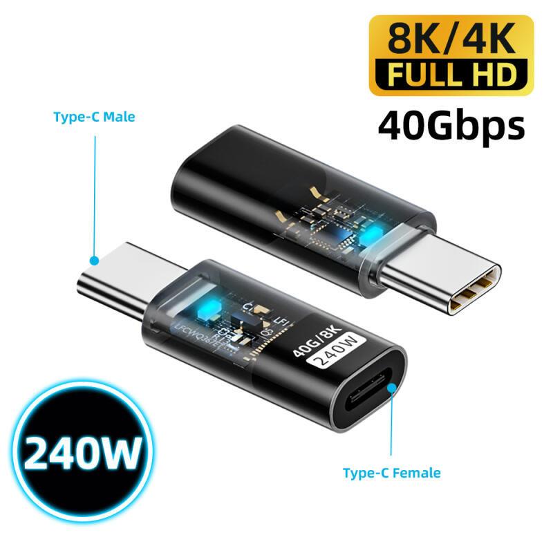 HdoorLink Transparent PD240W USB4.0 40Gbps Type C To C Adapter 8K@60Hz 5A Fast Charging Adapter for Iphone 16 15 14 Mac Pro Samsung Galaxy