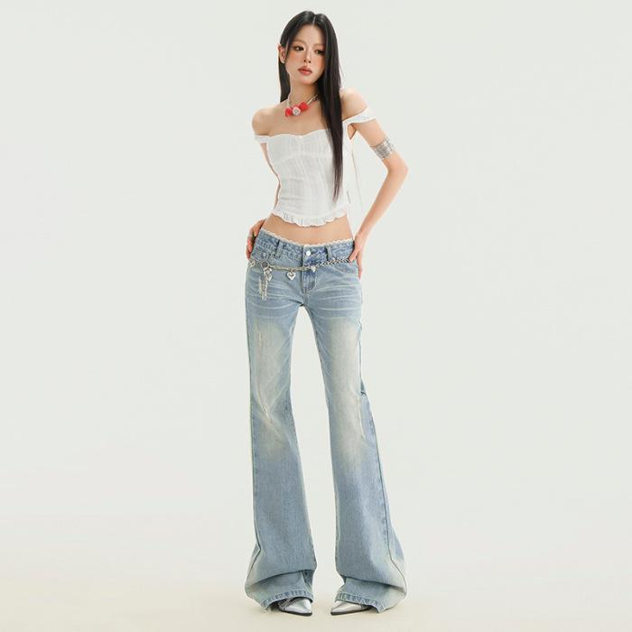 

Женские выбеленные синие расклешенные джинсы - весна 2025 г. Кружевная строчка, узкие, низкая талия, ретро-стиль L