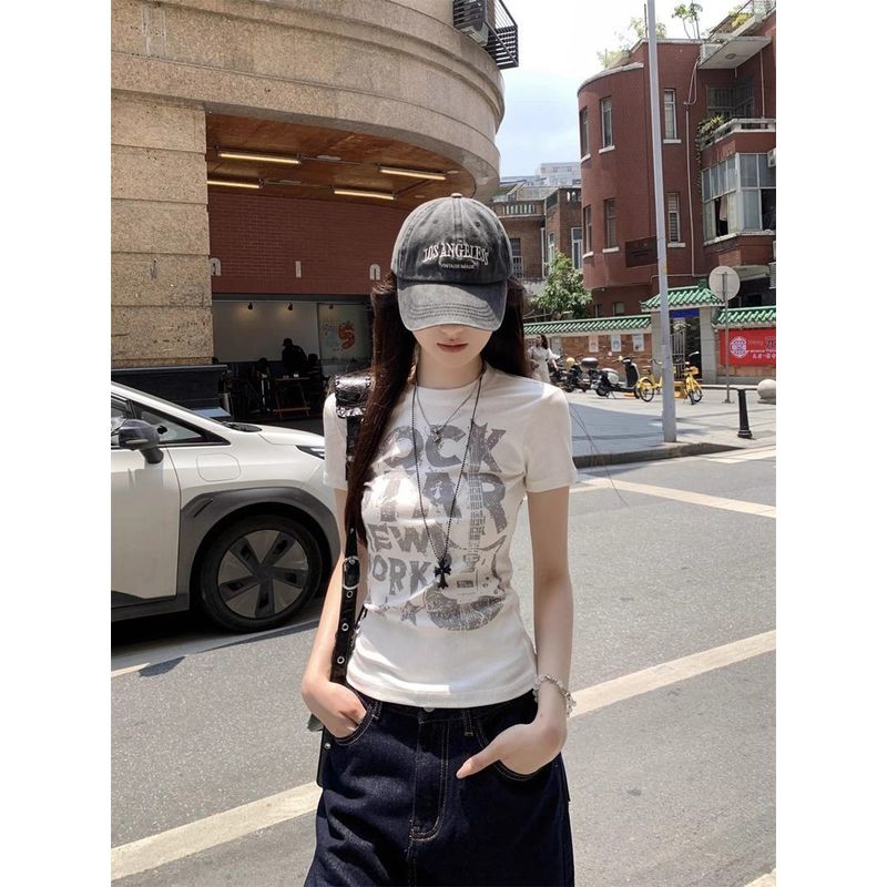 

[210g 40-Count Pure Cotton] White Letter Print Regular Shoulder Short-Sleeve T-Shirt for Women, Summer Slim-Fit Trendy Top White S