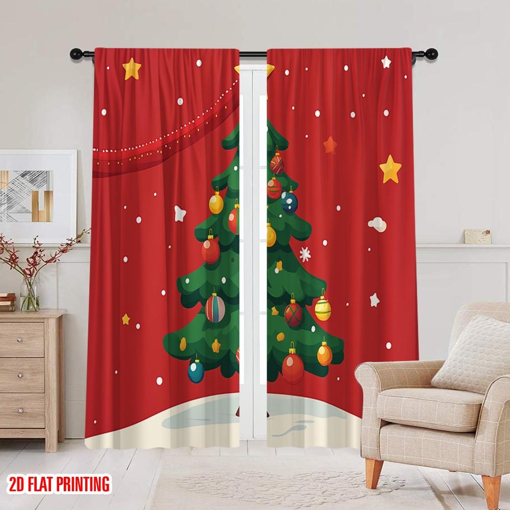 Set Of 2 Plane Printing Curtain Popular Christmas Tree Decorations Garland Versatile Polyester Fabric Without Rod Holiday