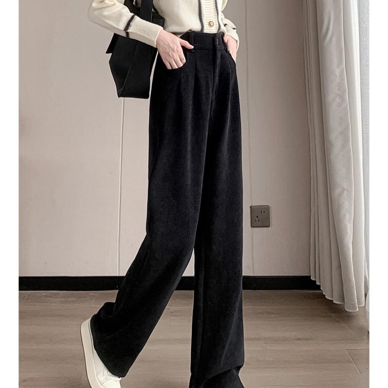 European Cotton Velvet Wide-Leg Pants for Women, Autumn, Winter, High Waist, Draped, Casual, Slim Fit, Straight-Leg Pants, Chenille Fleece-Lined
