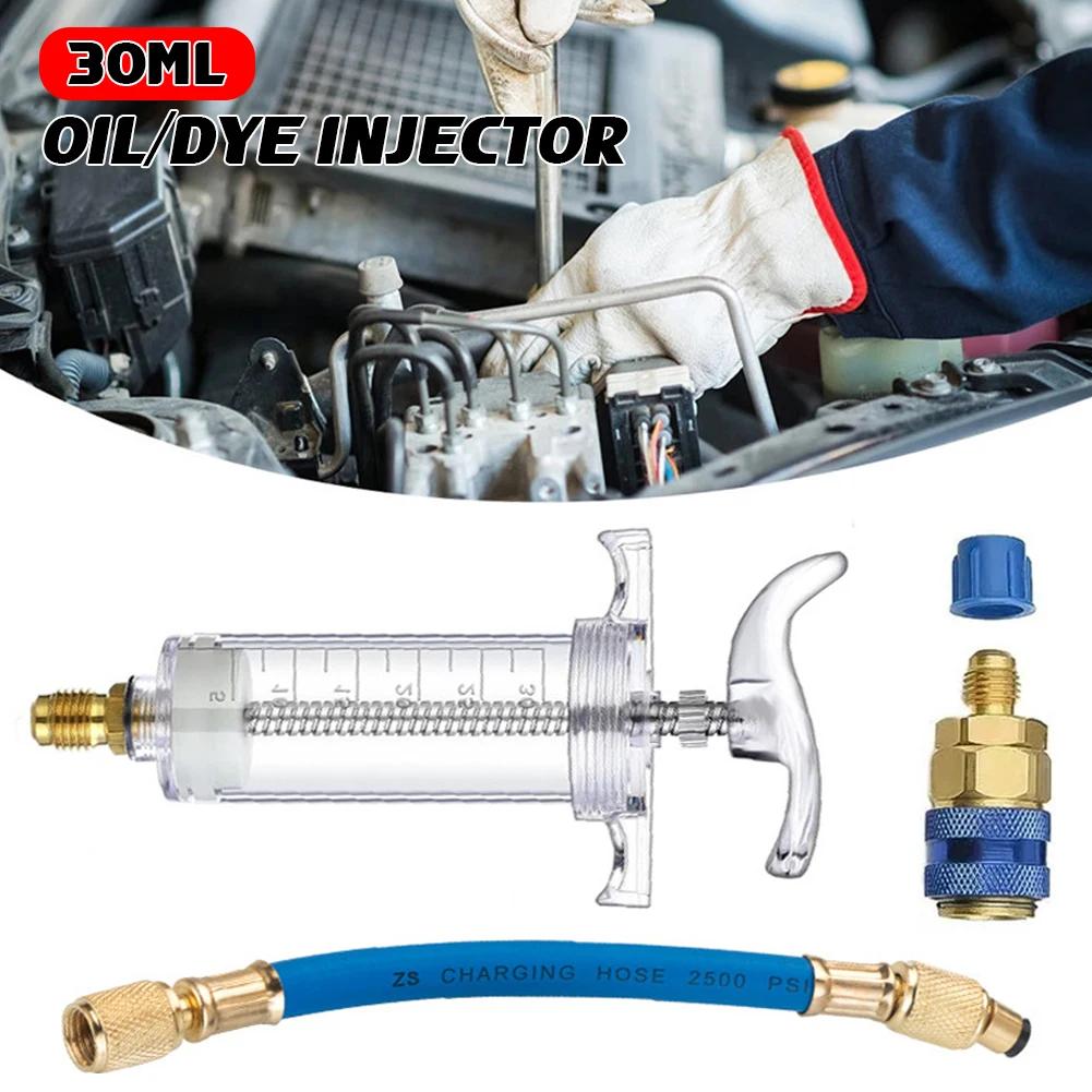 Car 30Ml 1Oz A/C Oil/Dye Injector with Low Side Quick Coupler Adapter 1/4 Air Conditioning Automotive Oiler Injection Syringe