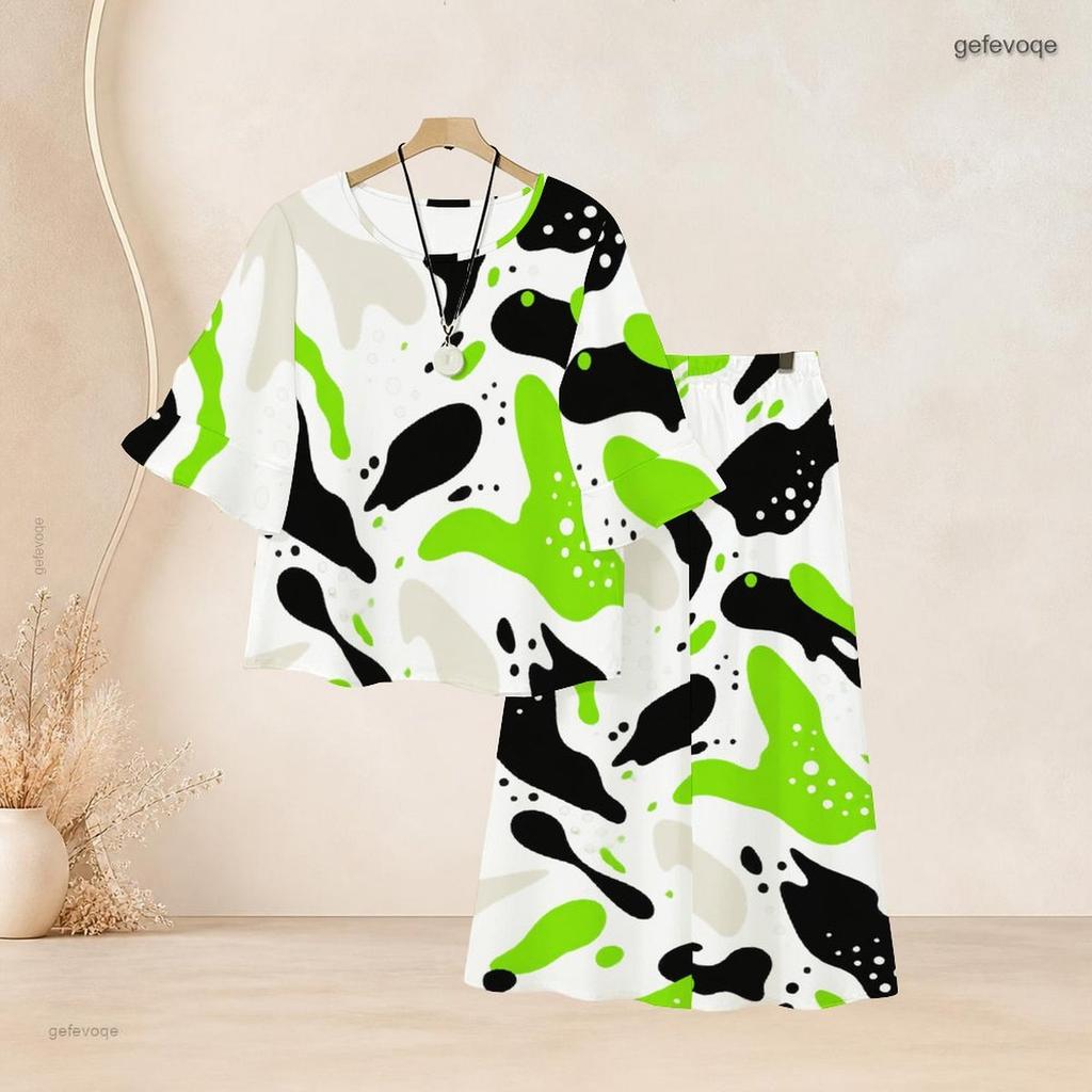Women Plus Size White Red Brown Printed Round Neck Flared Half Sleeve Top Long Pants Two Piece Set