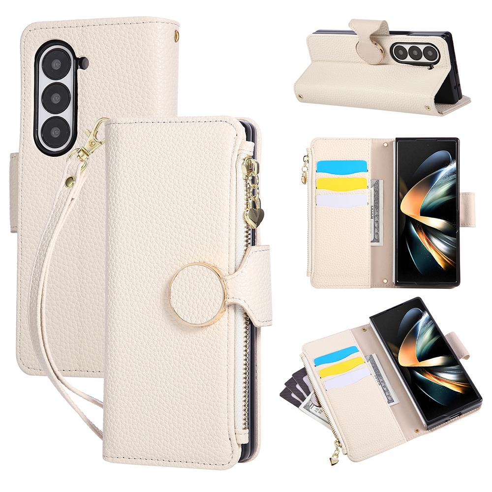 

For Samsung Galaxy Z Fold7 5G Case Zipper Wallet Leather Phone Cover with Wrist Strap Beige