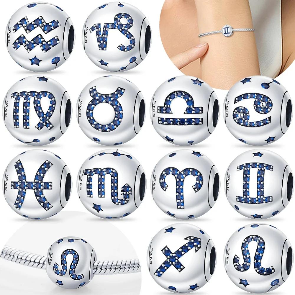 Zircone Blu Elegante Dodici Simboli Zodiacali Gemelli Leone Bilancia Perla in Rame Autentico Adatta a Braccialetti da Donna Fai da Te Regali Accessorio