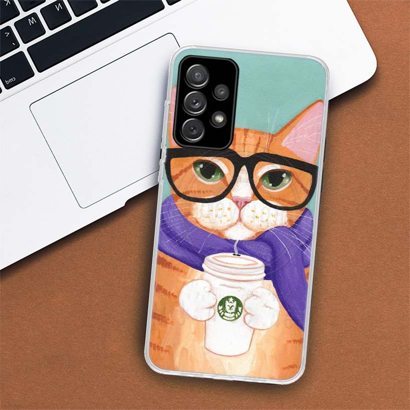Latte Kávový Mléčný Nápoj Kočka Pouzdro na Telefon Pro Samsung Galaxy A53 A52 A73 A72 A12 5G A13 A22 A23 A32 A33 A02S A03S A42 A43 A50S Coqu