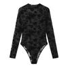 Sexy Slim Fit Long-Sleeve Lace Mesh Print Bodysuit 10804