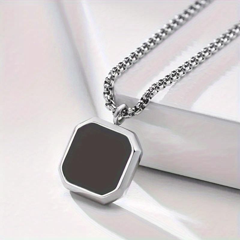 A Stainless Steel Geometric Square Pendant Necklace Set with Black Synthetic Zircon - a Minimalist Modern Square Bezel Jewelry Piece.