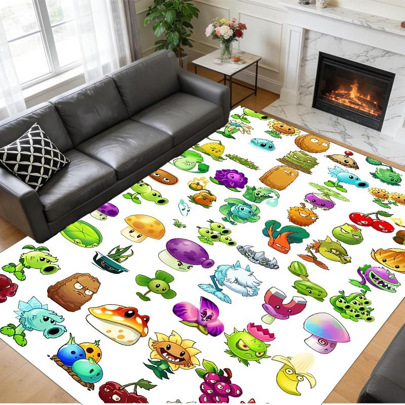 Anti‑Slip Crystal Velvet Floor Rug, Plants vs. Zombies Design Carpet for Indoor Living Bedroom Home Decoration