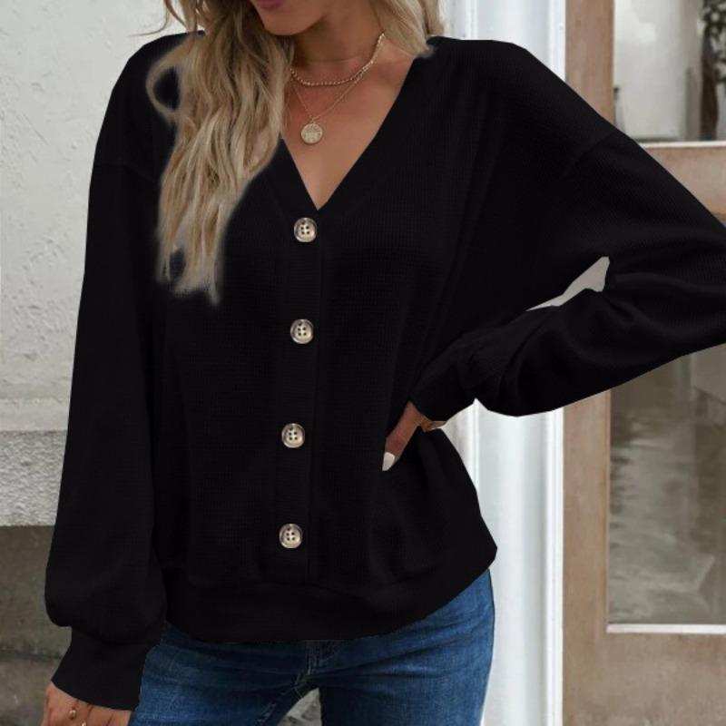 Herbst und Winter Damen Langarm-Top mit V-Ausschnitt, fester Knopf, V-Ausschnitt, lockeres, langärmeliges T-Shirt für Damen
