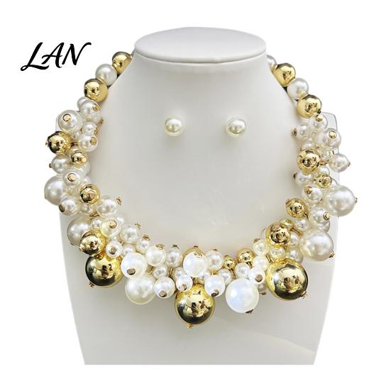 Faux Pearl Choker Necklace 1 Set Chunky Jewelry, Beaded And V-neck Accessory Earrings, Metallic for Women Dinner Parties Wedding Collarbone Enhancing