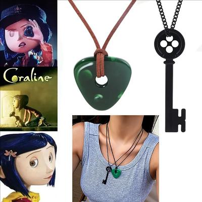 Movie Coraline Seeing Stone Pendant Necklace Green Stone Key Pendant Necklace Key Buckle Laika Cosplay Costume Jewelry