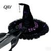 Abbigliamento a Tema Halloween Cappello da Strega per Donna, Grande Mago Nero in Velluto con Accessori per Costume Rete da Donna con Bordi Arricciati Costume per Adulti, Cosplay