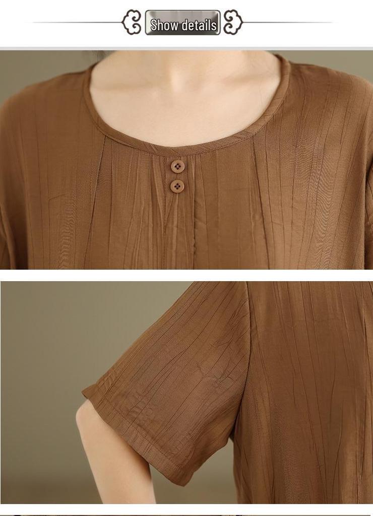 Women's Large Size Tencel Cotton-Linen Summer Suit: Slimming Round Neck Top & Wide-Leg Pants Two-Piece Set
