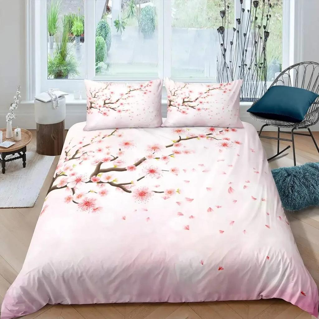 Cherry Blossom Duvet Cover Set Pink Flower Bedding Set for Girls Adults Petal Floral Comforter Cover Japanese Style Quilt Cover