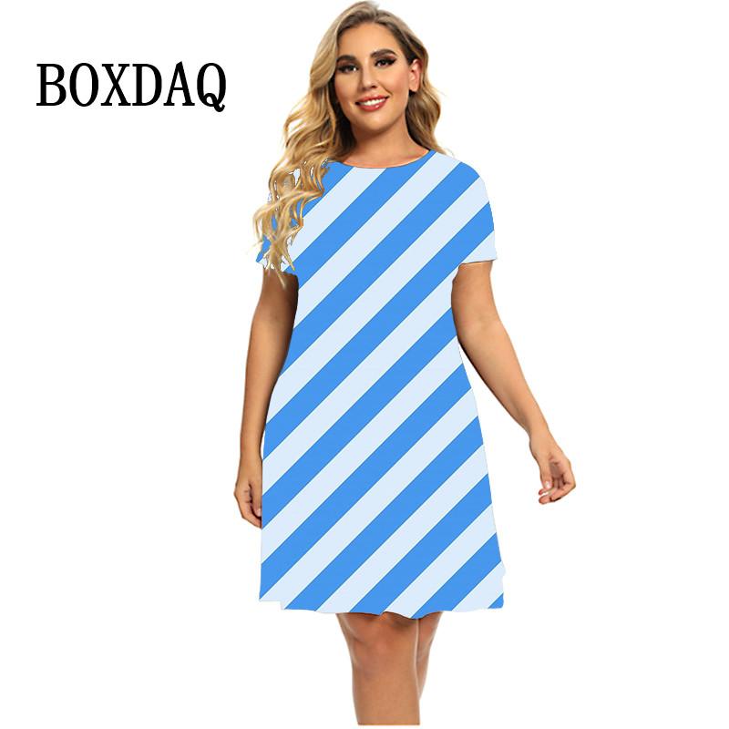 Bunt Gestreiftes Kleid Sommermode Straße Beiläufiges Loses Kleid Frauen Übergroße Kurzarm Elegante Damen Büro Minikleider