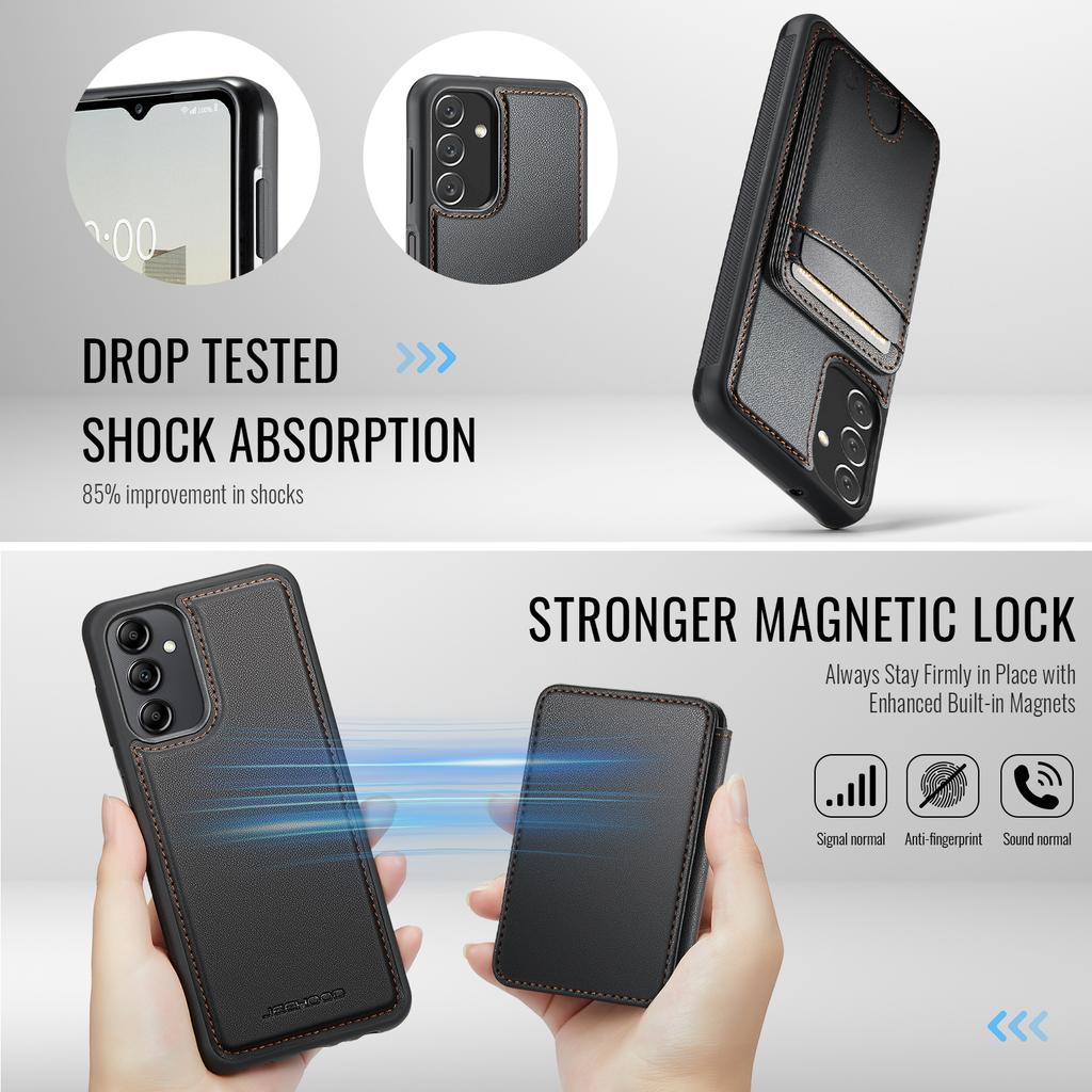 For Samsung Galaxy A14 4G/Galaxy M44 5G/Galaxy A14 5G Magnetic Case JEEHOOD J10 Leather Back Phone Cover with Detachable Card Holder Kickstand