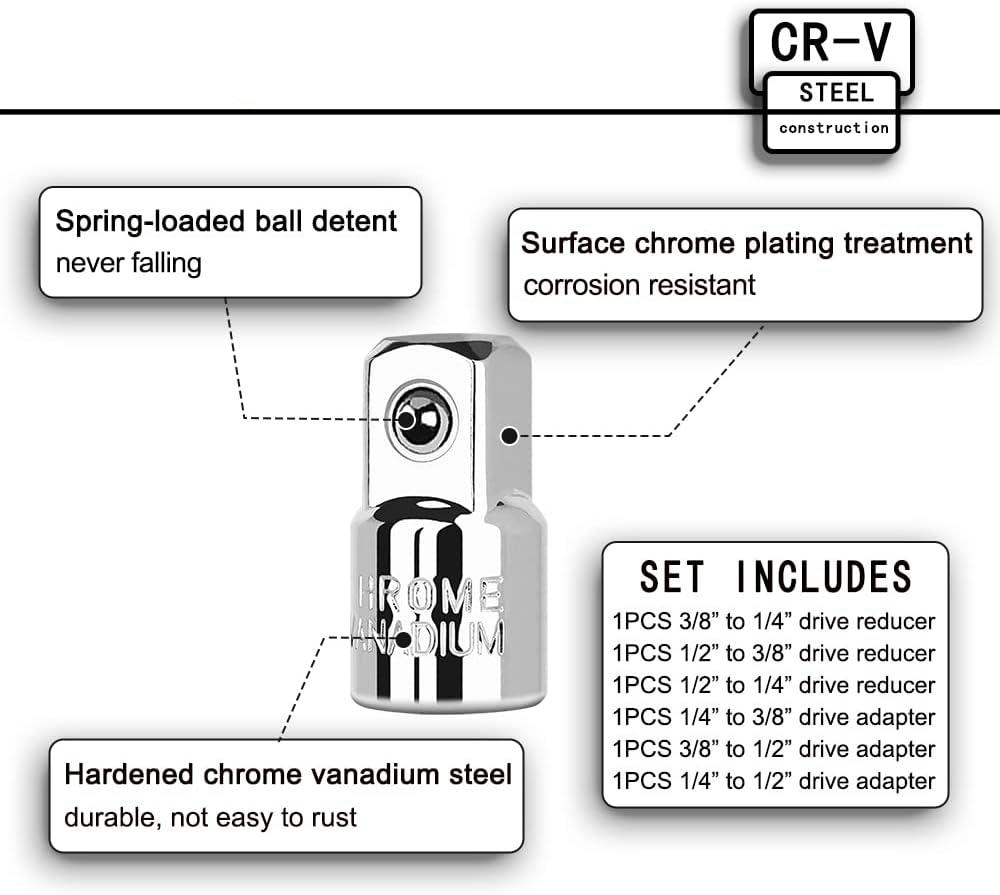 1/4" 3/8" 1/2" Ratchet Wrench Adapter Chrome Vanadium Steel Ratchet/Socket Extension/Conversion Kit for Automotive Maintenance