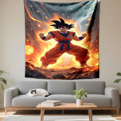 Goku Dragon Ball Anime Wall Tapestry Fighting Stance Orange Gi Fire Lightning Battlefield Decor for Game Room Gift
