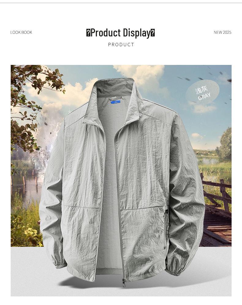 Chaqueta Cortavientos de Verano para Hombre con Protección Solar - Corte Casual Holgado, Cuello Alto, Talla Grande.