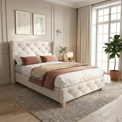 Upholstered Bed 90*200cm with Slatted Frame and Headboard, Button Upholstery, Rivet Upholstery, Wooden Legs, Linen, Beige (OLD SKU:3099934AAA)