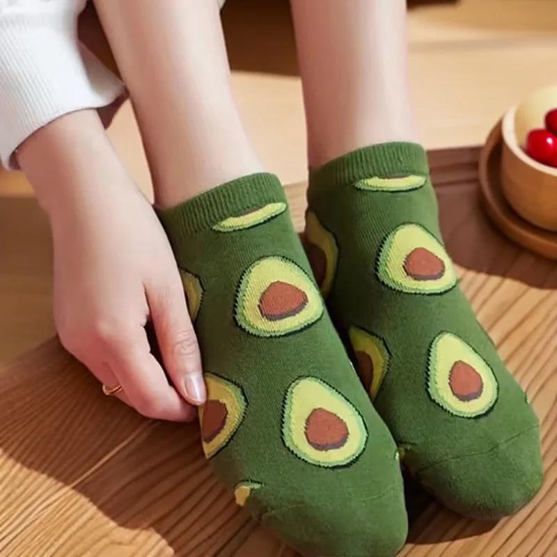 5 Paar Avocado-Blumen Crew-Socken Knöchelsocken Cartoon Frisch Mode Atmungsaktiv Sommer Herbst Kawaii Komfort Damen Low Cut Boat Socks