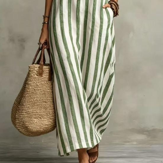 Damen Gestreiftes Baumwoll-Leinen Maxikleid Ärmellos Rüschen V-Ausschnitt Langes Kleid Boho Strand Fließendes Sommerkleid mit Taschen