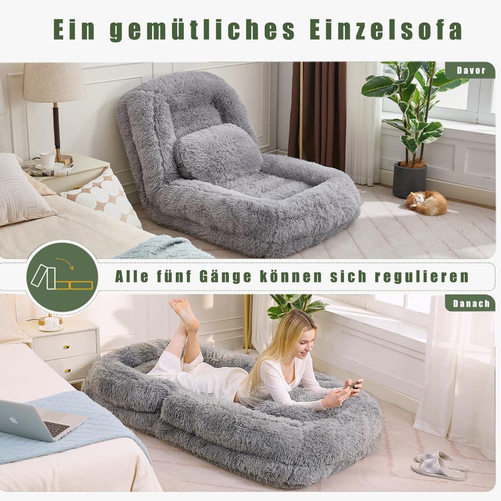 Human Dog Bed, Lazy Sofa, 5-level Adjustable, Gaming Chair, Living Room, Suitable for Gaming, Meditation, Relaxation, Plush Fabric, Light Grey