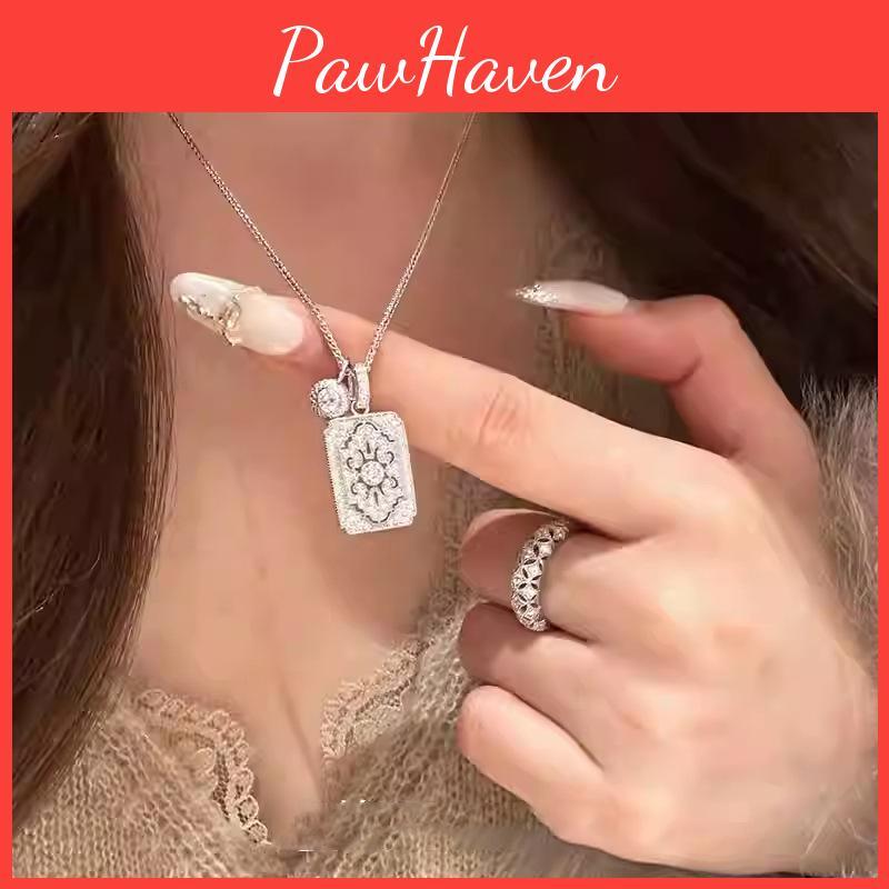 Geometric Zircon Hollow Square Pendant Necklace For Women Fashion Elegant Locking Chain