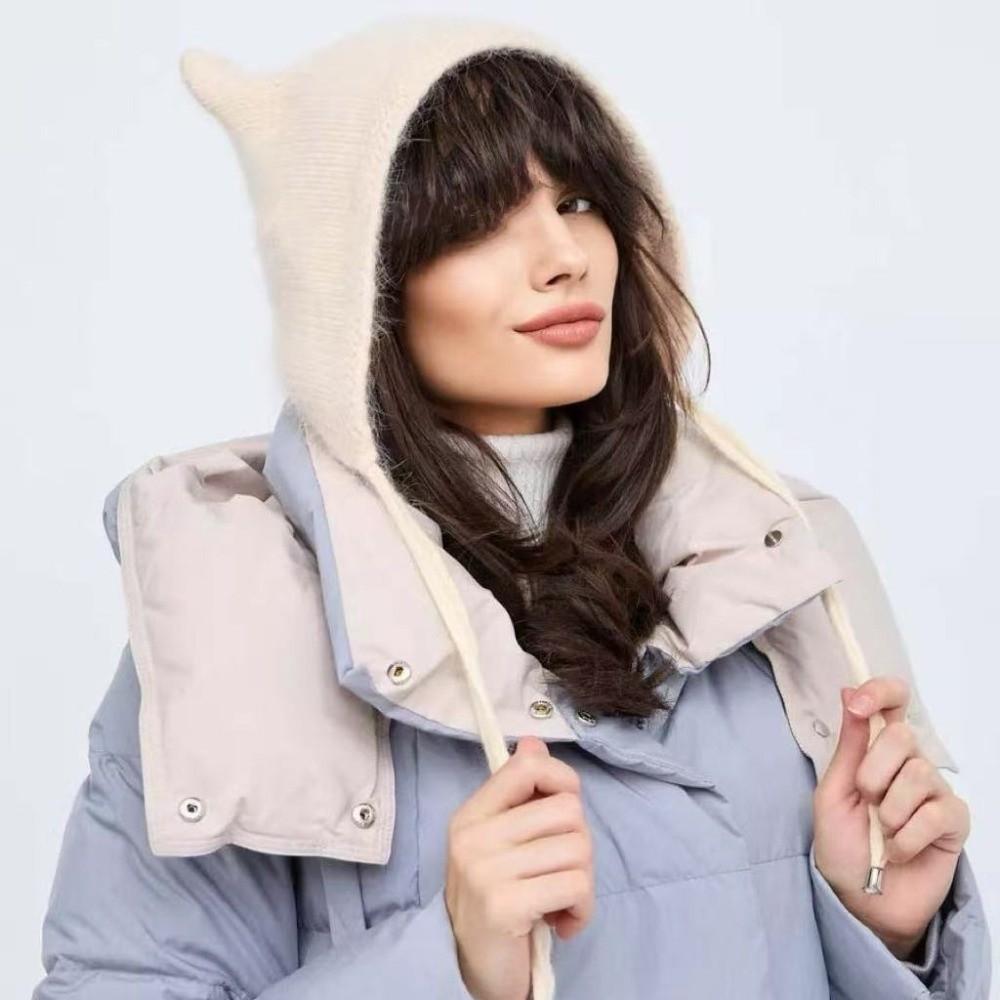 Solid Color Knit Winter Hat Laced Up Plush Fluffy Hat Cute Cat Ear Beanie For Women