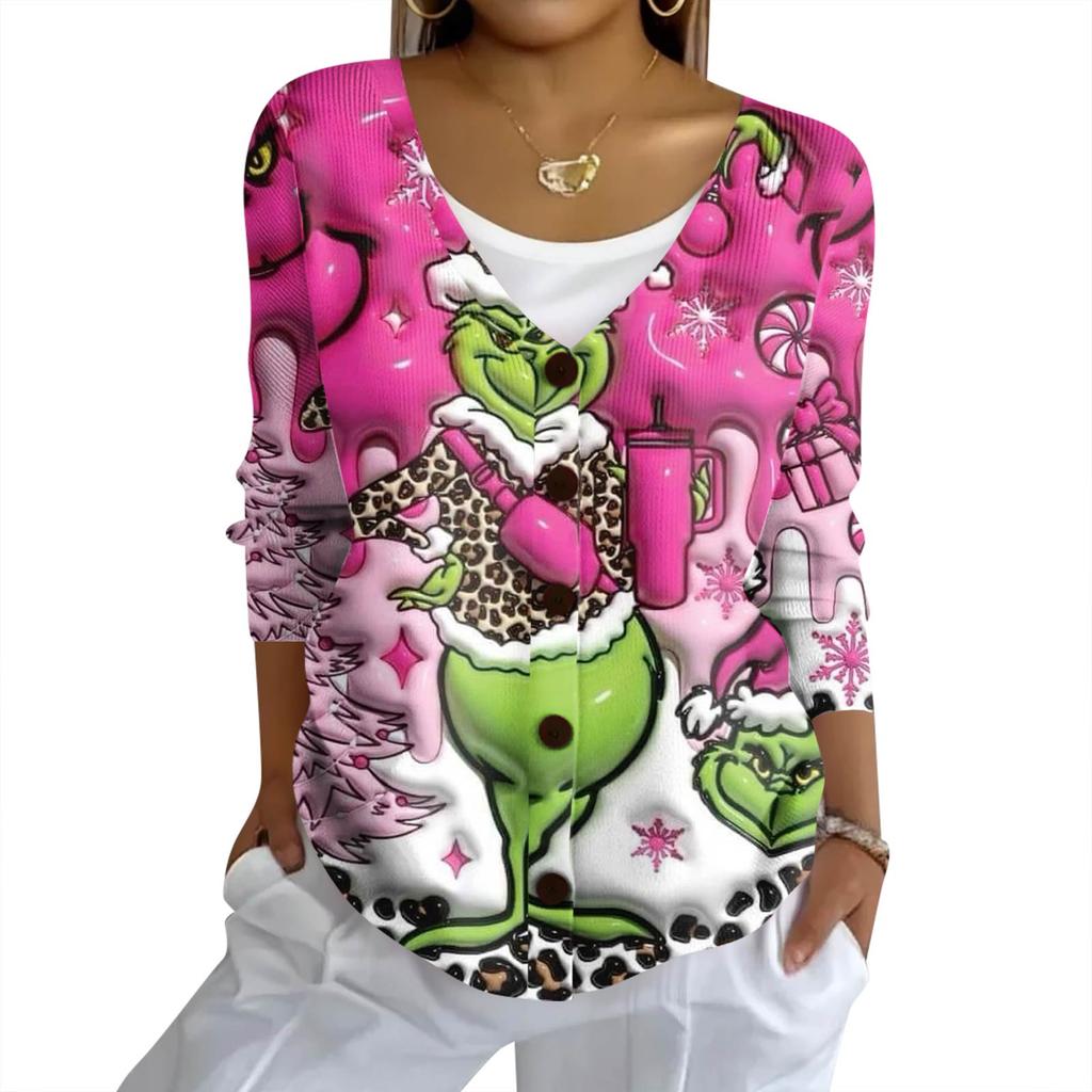 Women's Fashion Casual Knit Sweater Button-Up Christmas Print Cardigan Jacket