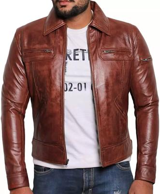 Stylish Handmade Men's Brown Genuine Soft Leather Jacket Real Lambskin Biker