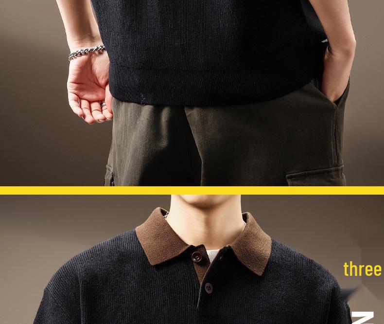Men's High-End Heavyweight Cotton Color Block Polo Sweater - 2025 Spring/Autumn Collection